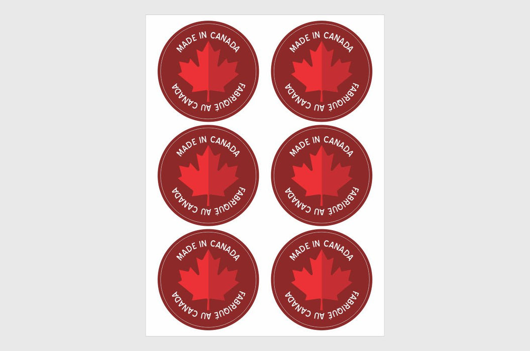 Sticker sheet with six large two inch red circular bilingual Made in Canada Fabrique au Canada maple leaf stickers