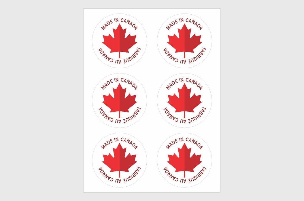 Sticker sheet with six large two inch white circular bilingual Made in Canada Fabrique au Canada maple leaf stickers