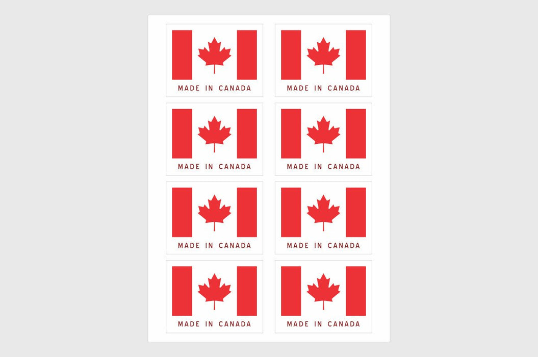 Sticker sheet featuring eight large rectangular Canadian flag stickers reading Made in Canada