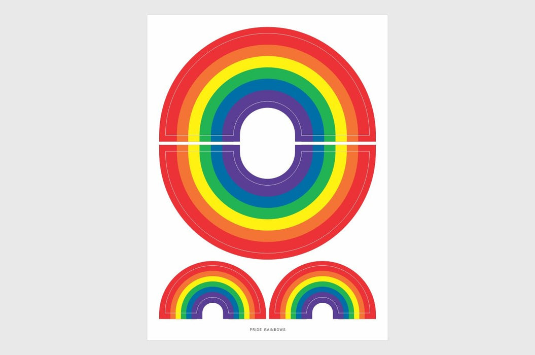 Single sticker sheet featuring four arched rainbow pride vinyl stickers in two sizes