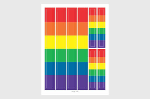 Single sticker sheet featuring eight rectangular LGBTQ pride rainbow bar decals in two sizes