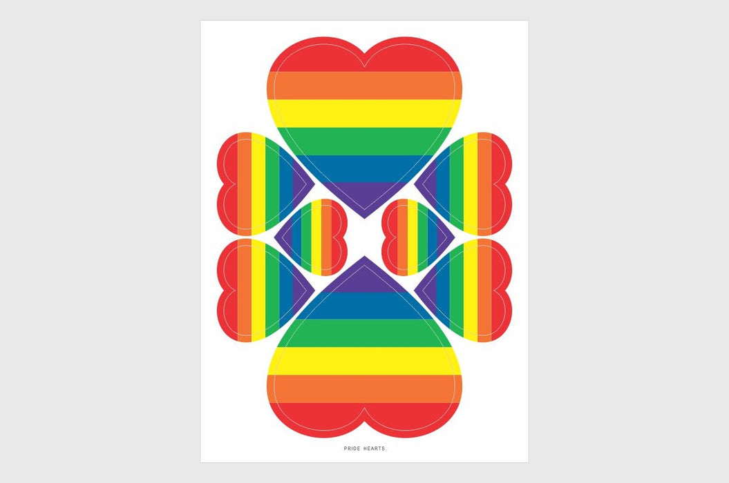 Single sticker sheet featuring six rainbow heart stickers in three sizes