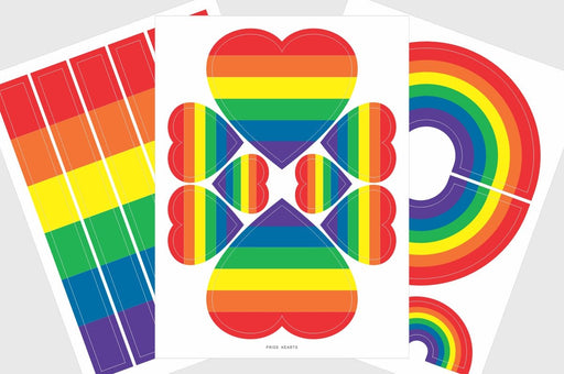 Three LGBTQ Pride sticker sheets displaying rainbow bars rainbow hearts and arched rainbow vinyl stickers