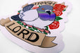 Custom shape vinyl sticker sample featuring a pigeon illustration with a banner reading Trash Lord surrounded by red roses, printed by Clubcard Vancouver