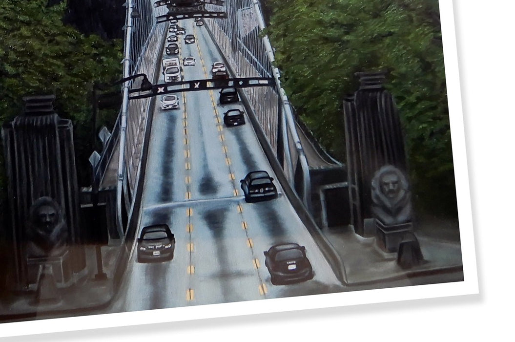 Large fine art photo print sample displaying the Lions Gate Bridge with cars driving across, printed by Clubcard Vancouver