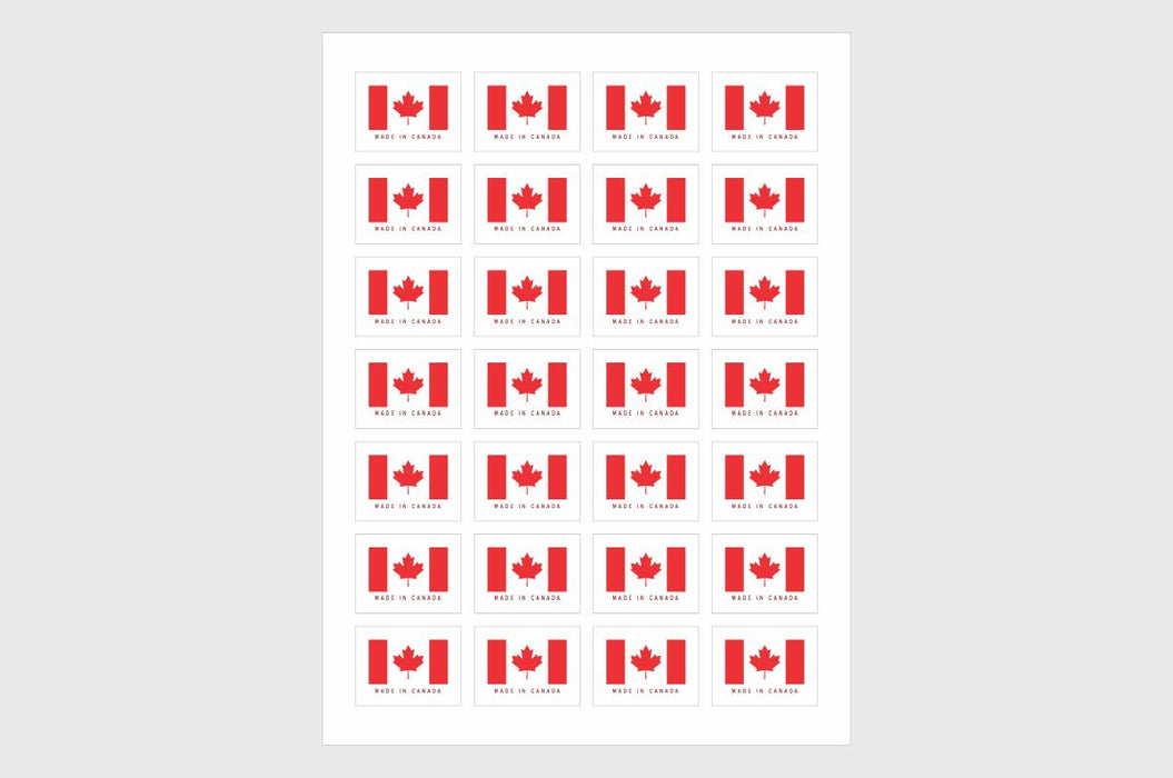 Arrangement of circular red and white bilingual Made in Canada Fabrique au Canada maple leaf sticker sheets