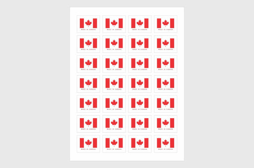 Arrangement of circular red and white bilingual Made in Canada Fabrique au Canada maple leaf sticker sheets