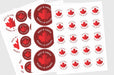 Arrangement of circular red and white bilingual Made in Canada Fabrique au Canada maple leaf sticker sheets