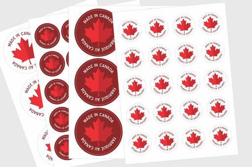 Arrangement of circular red and white bilingual Made in Canada Fabrique au Canada maple leaf sticker sheets