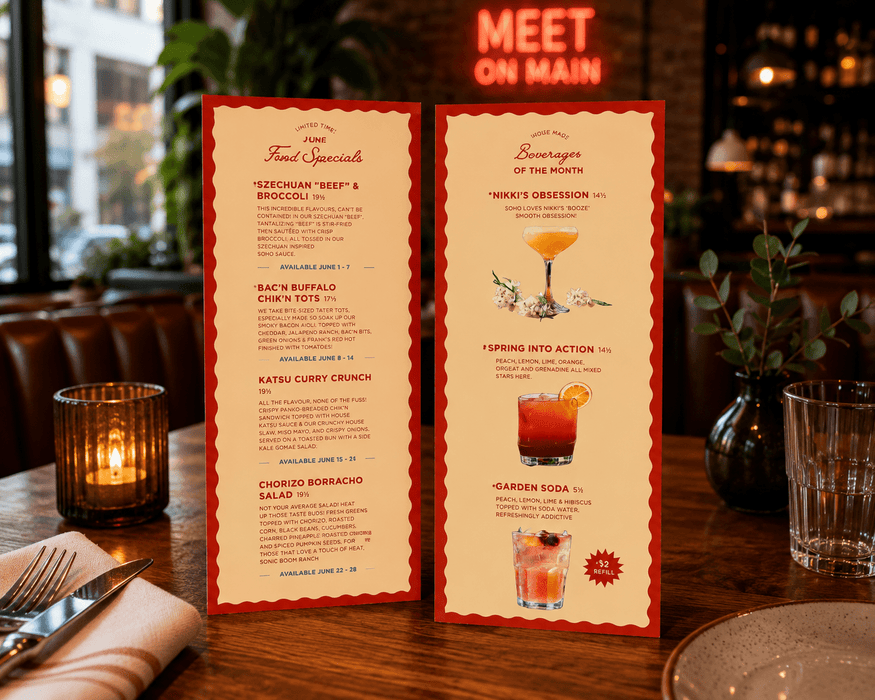 Meet on Main promotional food and beverage menu cards printed on 15pt coated stock by Clubcard Vancouver
