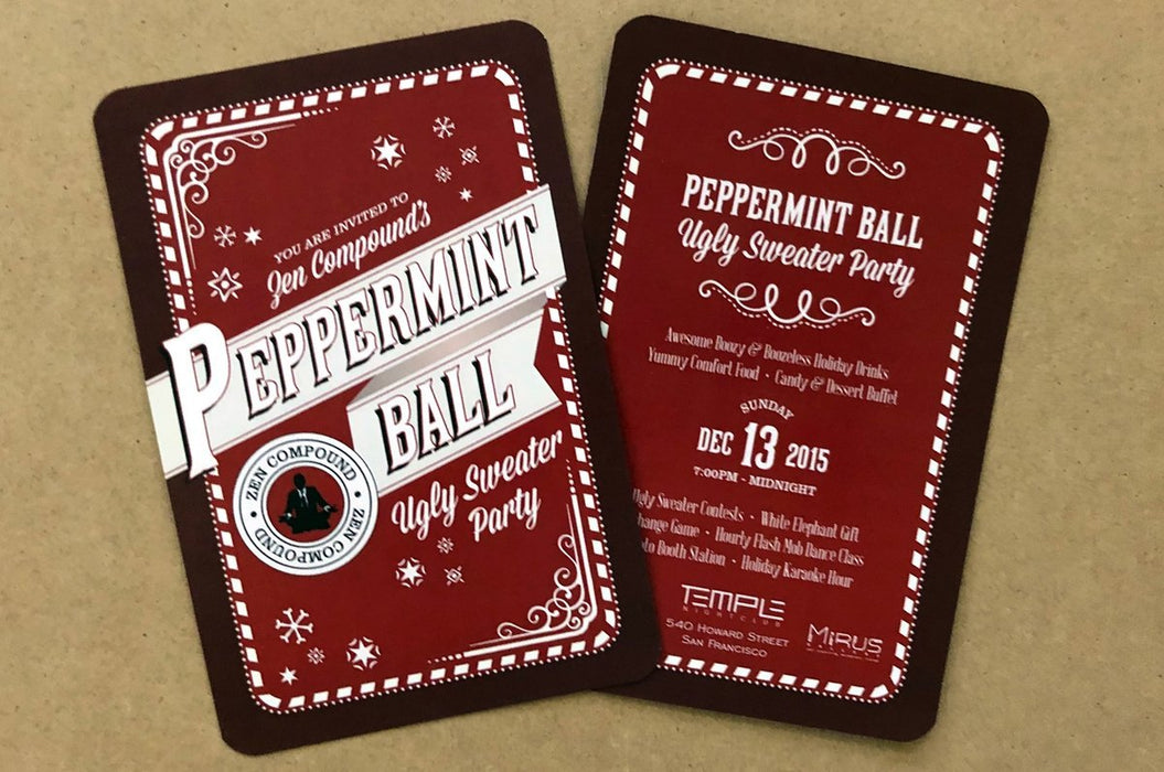 Peppermint Ball Ugly Sweater Party holiday event invitation postcards printed by Clubcard Vancouver