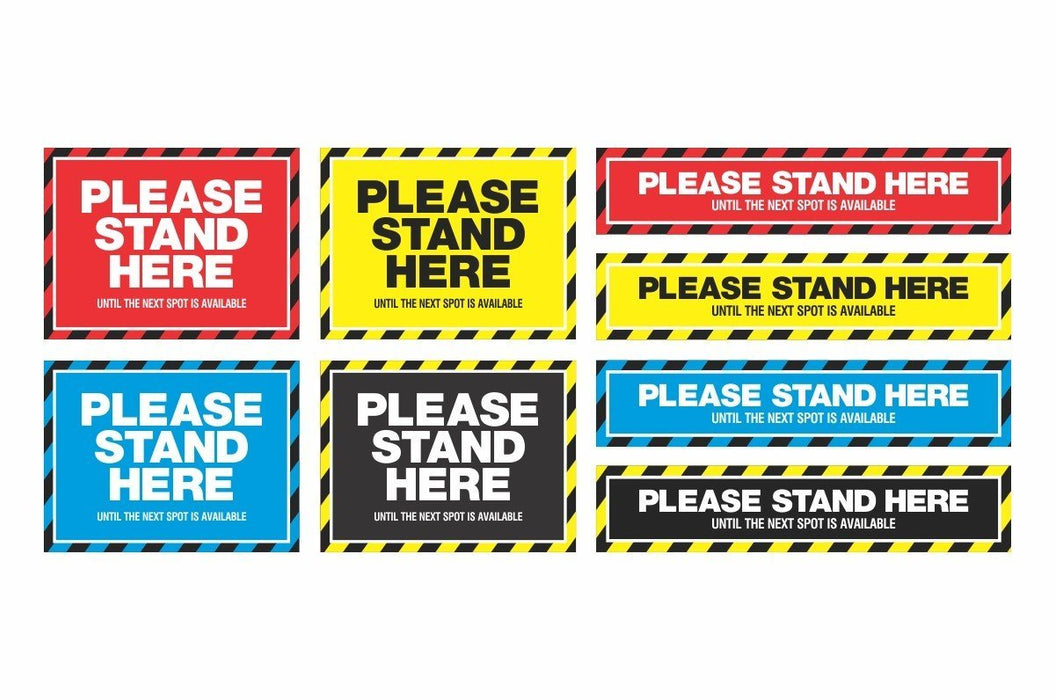 Grid of rectangular Please Stand Here floor stickers in red yellow blue and black hazard stripe designs