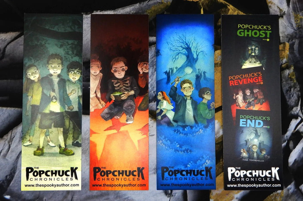The Popchuck Chronicles custom series bookmarks printed on 15pt coated stock by Clubcard Vancouver