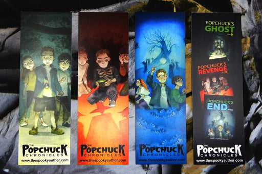 The Popchuck Chronicles custom series bookmarks printed on 15pt coated stock by Clubcard Vancouver