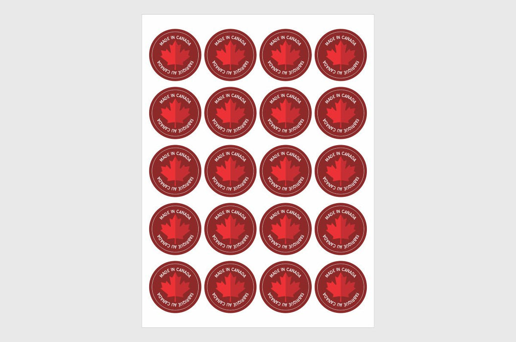 Sticker sheet with twenty red circular bilingual Made in Canada Fabrique au Canada maple leaf stickers