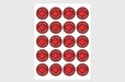 Sticker sheet with twenty red circular bilingual Made in Canada Fabrique au Canada maple leaf stickers