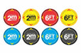 Grid of eight round social distancing floor decals reading Please Stay 2m Apart and Please Stay 6FT Apart in red yellow blue and black