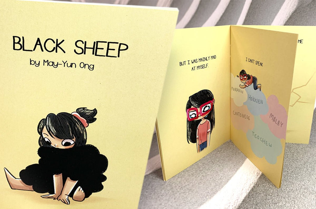 Cover and open pages of a saddle stitched illustrated zine "Black Sheep" by May-Yun Ong printed in Vancouver