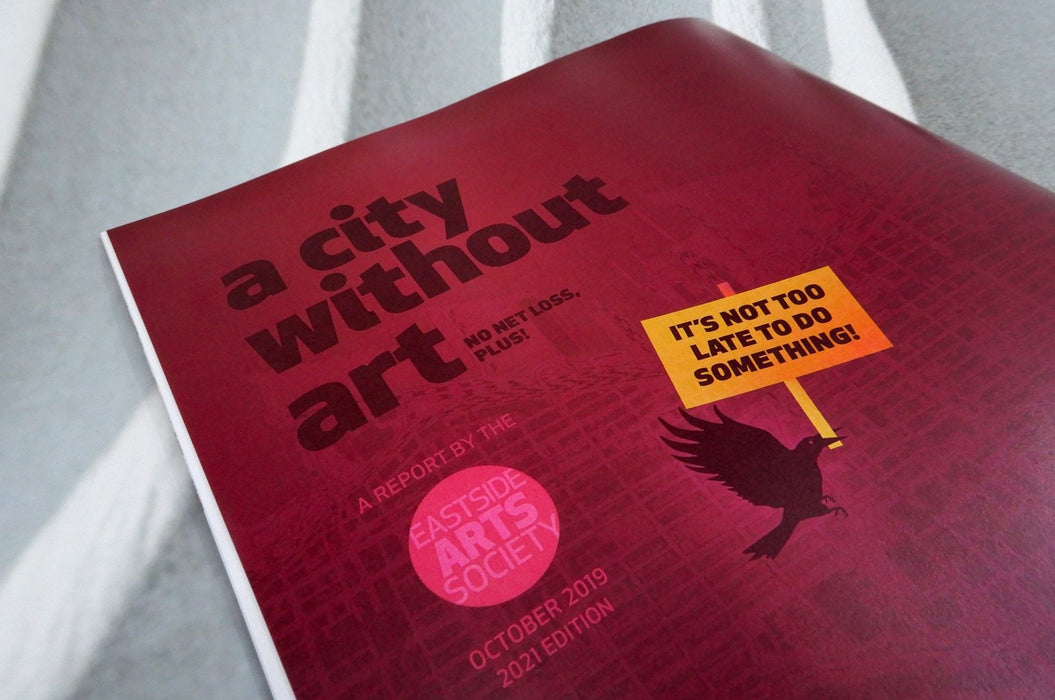 Saddle stitched report booklet cover for Eastside Arts Society printed in Vancouver
