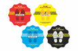 Four scalloped circular social distancing floor decals with footprints in red yellow blue and black