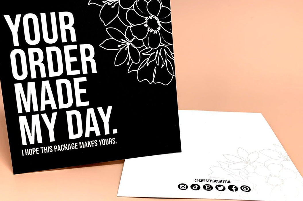She Is Thoughtful customer thank you package insert postcard printed by Clubcard Printing Vancouver