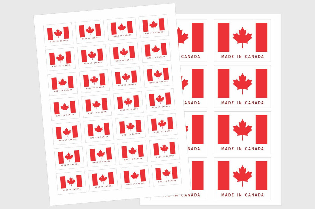 Two overlapping sticker sheets showing small and large Canadian flag stickers reading Made in Canada