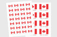 Two overlapping sticker sheets showing small and large Canadian flag stickers reading Made in Canada