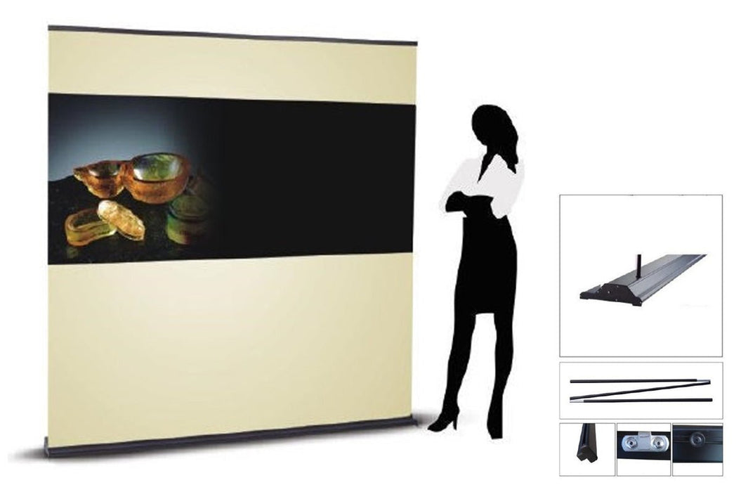 Diagram of ultra wide retractable banner stand with silhouette for scale showing base and support pole hardware components