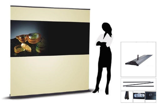 Diagram of ultra wide retractable banner stand with silhouette for scale showing base and support pole hardware components