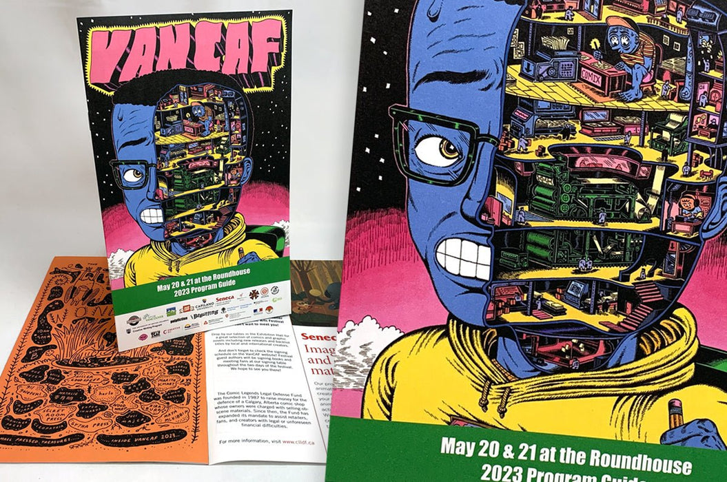 Saddle stitched VANCAF comic zines and program guides printed in Vancouver