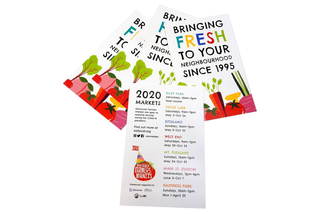 Vancouver Farmers Markets promotional card sample printed on 15pt coated stock by Clubcard Vancouver