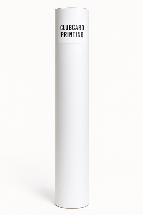 Durable white cardboard mailing tube with plastic end caps for posters and large prints.