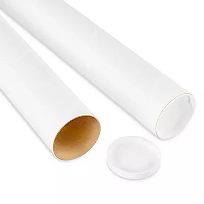Two white heavy-duty mailing tubes shown side by side with a white plastic end cap.