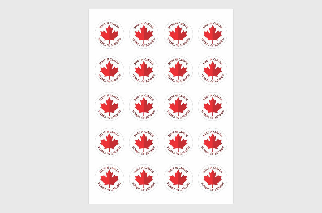 Sticker sheet with twenty white circular bilingual Made in Canada Fabrique au Canada maple leaf stickers
