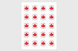 Sticker sheet with twenty white circular bilingual Made in Canada Fabrique au Canada maple leaf stickers