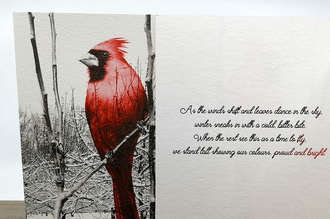 red cardinal illustration printed on 16pt Bamboo textured card stock | Clubcard Printing