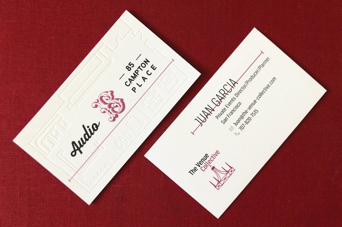 business cards for The Venue Collective in San Francisco with debossing | printed on 32pt uncoated card stock | Clubcard Printing
