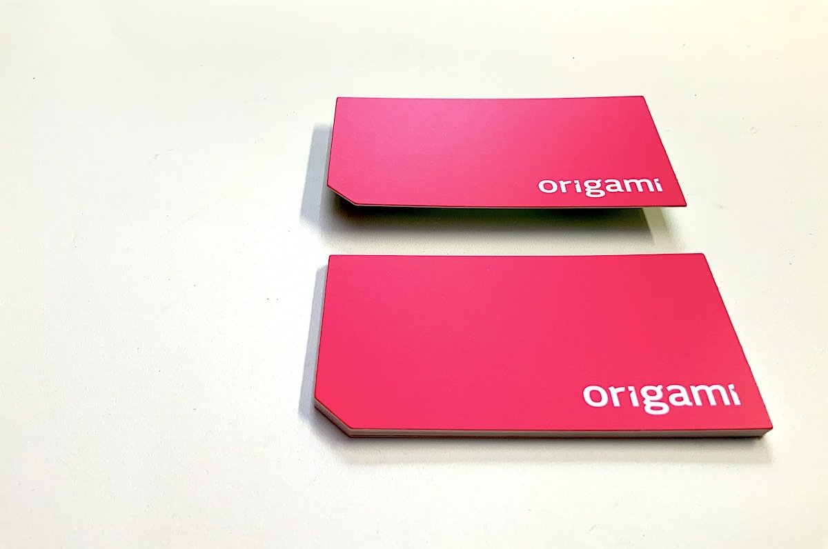 business cards with die cut angled corner for Origami | printed on 32pt uncoated card stock | Clubcard Printing