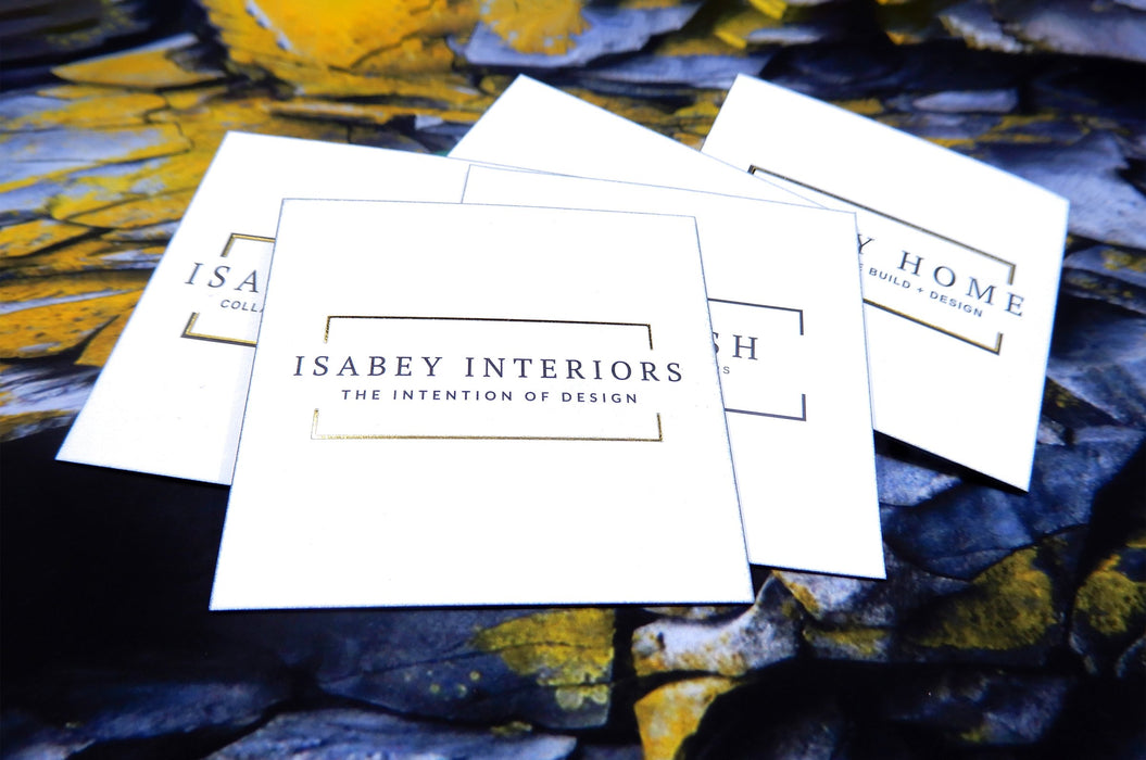 square business cards with gold foil stamping for Isabey Interiors printed on 32pt uncoated card stock | Clubcard Printing