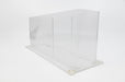 Side of a clear acrylic rack card stand on a white background.