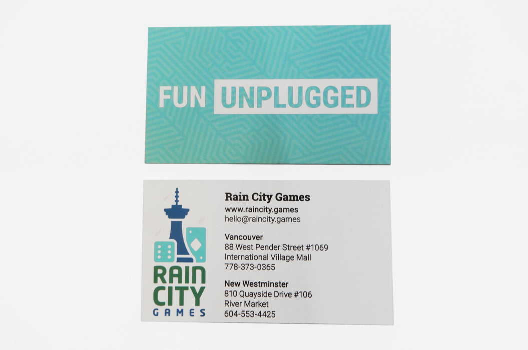 Rain City Games Business card printed on 15pt recycled uncoated card stock | Clubcard Printing Vancouver