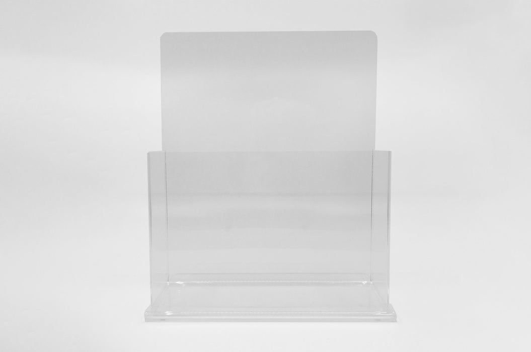 Front of a clear acrylic sell sheet display stand made to hold 8.5" x 11" paper products.