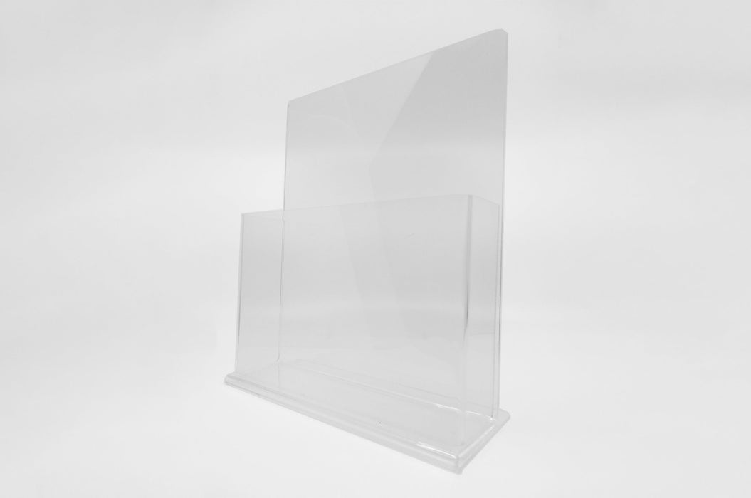Clear acrylic sell sheet display stand made to hold 8.5" x 11" paper products.