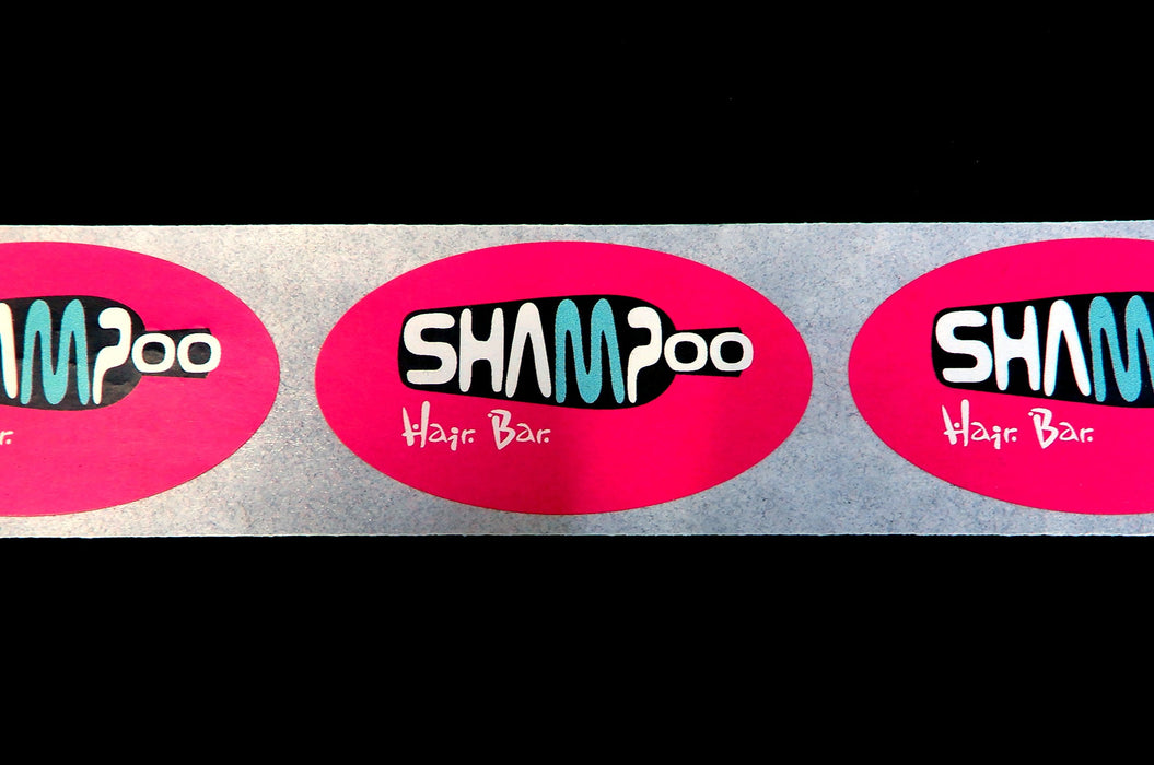 oval stickers printed in pink, blue and black on white gloss stock | Clubcard Printing