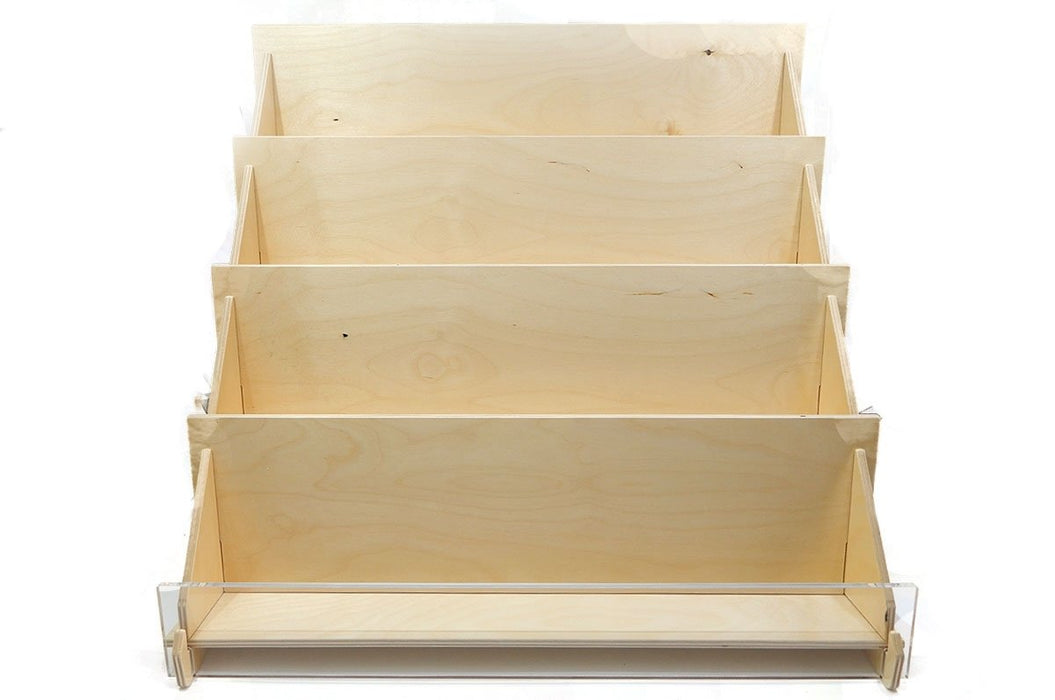 Large birch plywood 4-tier display card stand with acrylic front panel.