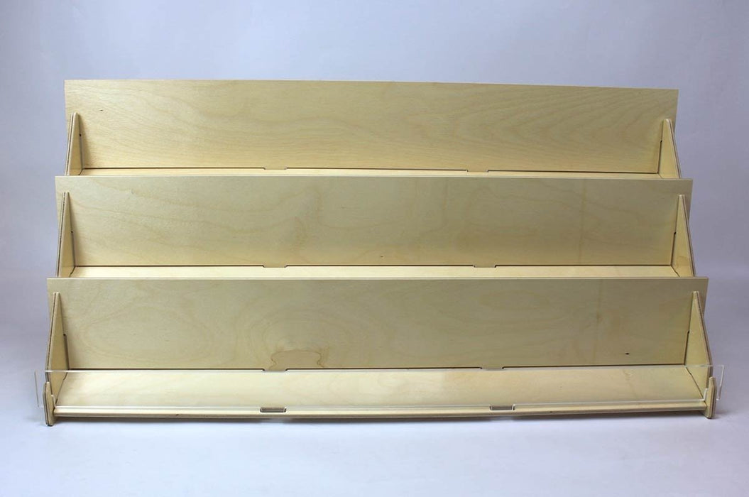 Large birch plywood 3-tier card display rack with acrylic front panel.