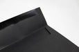 Close up of the front of an uncoated blank eclipse black envelope with the seal flap open on a white background.