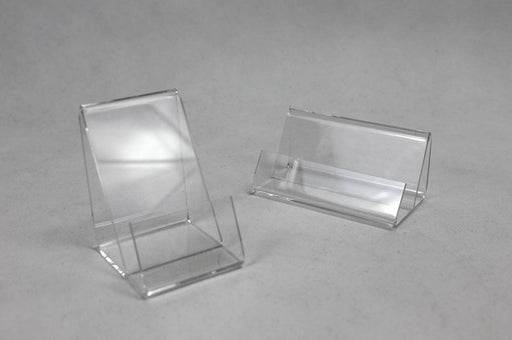 Clear acrylic business card stand in vertical and horizontal orientations on a grey background.