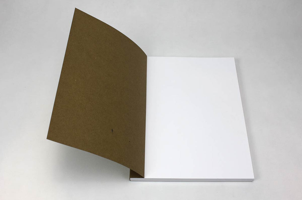 Open chicago screw notebook with kraft brown cover, white blank pages and silver screws.
