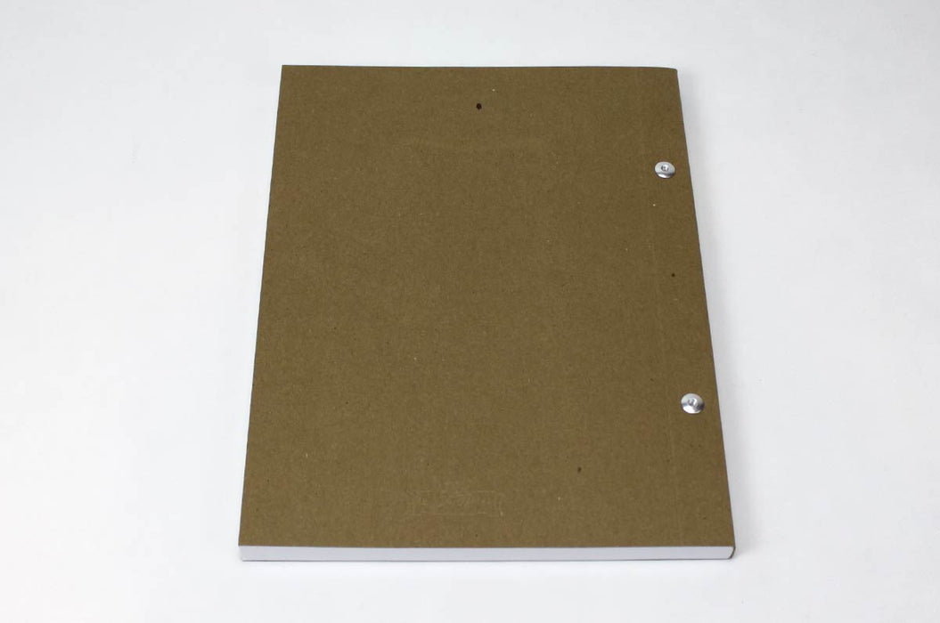 Back cover of a chicago screw notebook with kraft brown cover, white pages and silver screws.